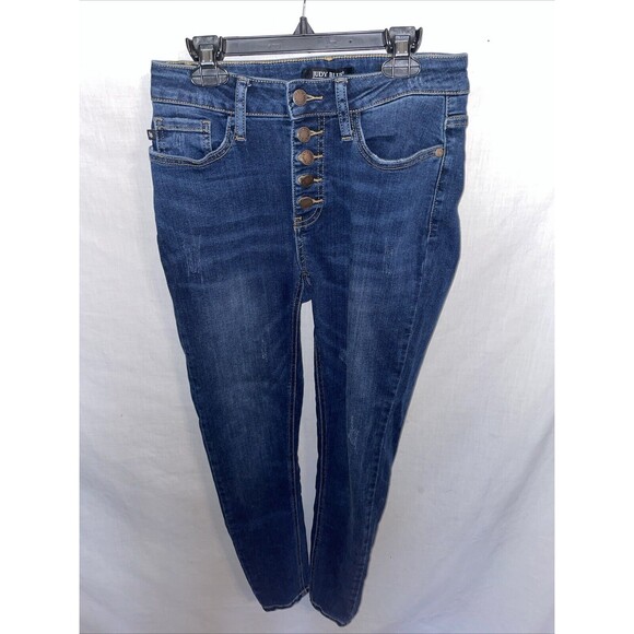 Judy Blue Women’s Skinny Fit Jeans Sz 27x28 Blue Dark Wash Button Fly Distressed - Picture 1 of 12